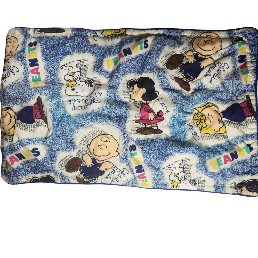 Vintage Peanuts Snoopy Charlie Brown Lucy Quilted Pillow Sham Blue White